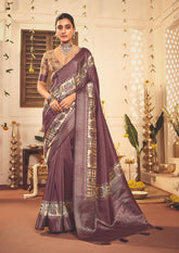 Brownish Purple Tussar Silk Tribal Print Saree-4460
